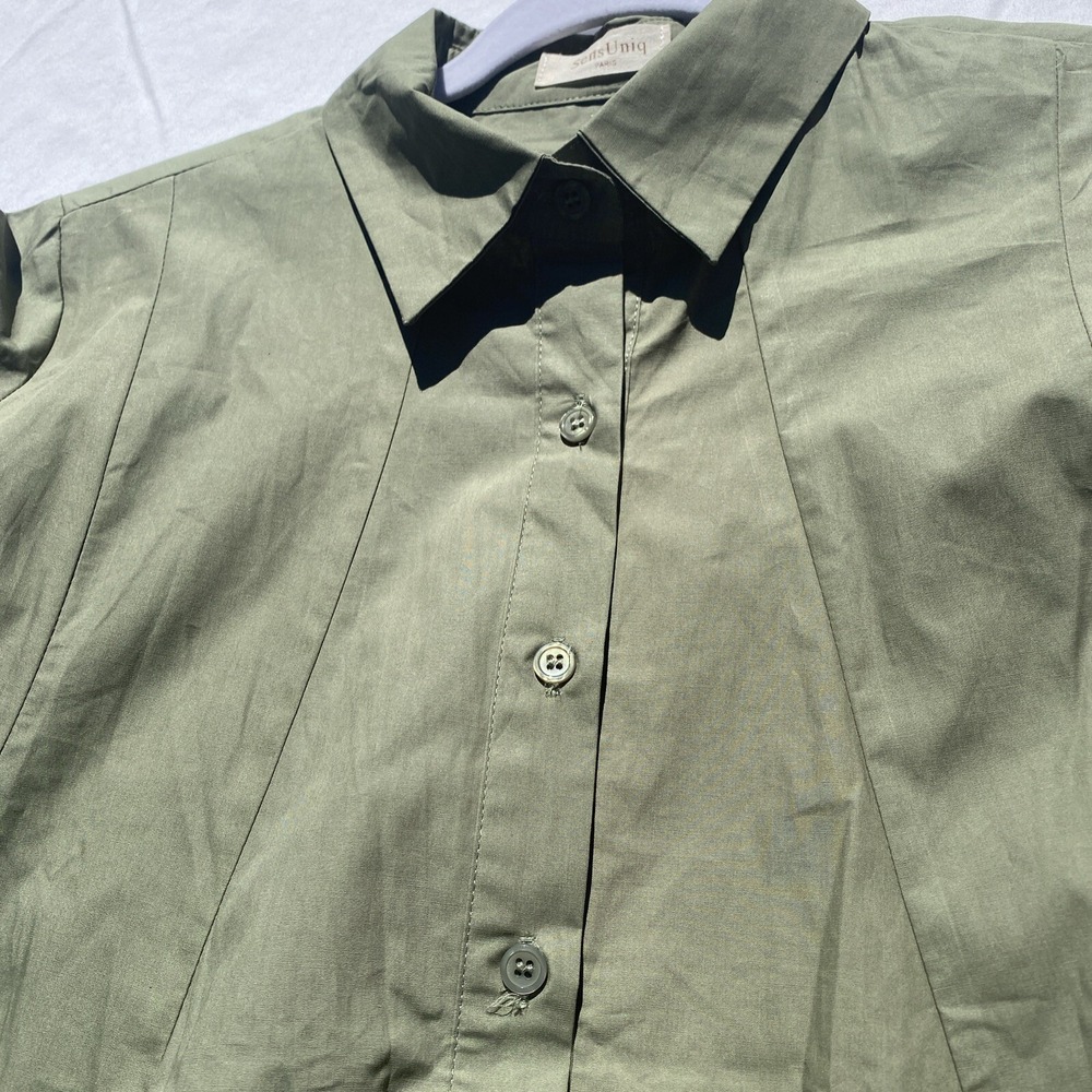 Sens Uniq Paris Dress Olive Balloon/Blouson 3/4 Sleeve Can Add Belt Size See Pic - Picture 2 of 6